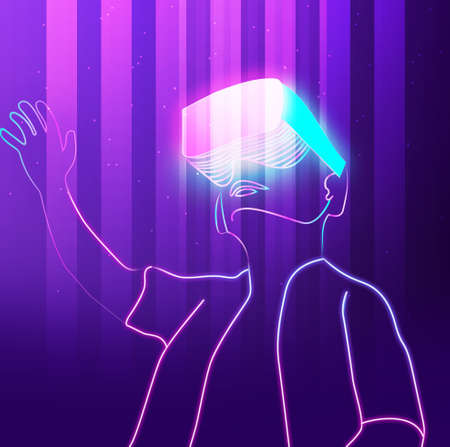 Illustration of a young man with a virtual reality headset. The concept of virtual reality.の写真素材