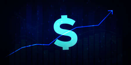 Illustration of a blue dollar sign and financial graph on a dark backgroundの写真素材