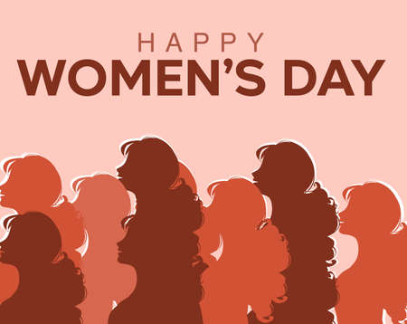 Happy Women's Day greeting card. Silhouettes of women on pink background.の写真素材