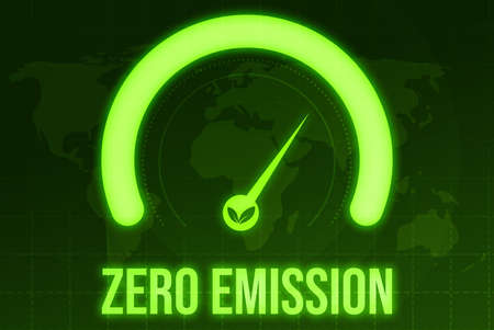 Conceptual hand writing showing Zero Emission. Concept meaning reduction in the amount of greenhouse gases in the atmosphere Illustration Of Speedometer With Arrow Pointing Upward Showing Progressの写真素材