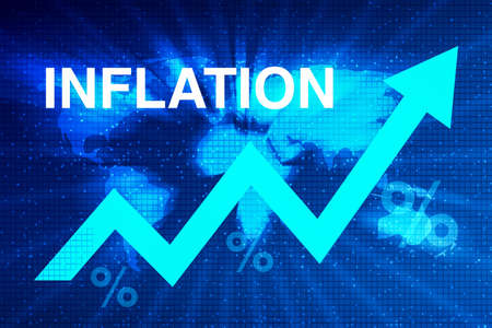 Inflation - concept on blue background with world map and graph.