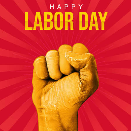 Happy labour day greeting card with strong fist on red background. vector file.の写真素材