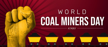 World coal miners day banner with fist on red background. Vector illustration.