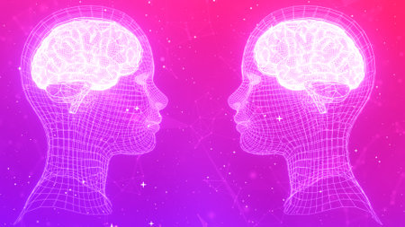Vector polygonal head of a man and a woman on a purple background.