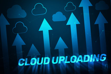 Cloud computing concept on blue background with blue arrows and cloud word.