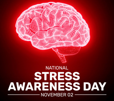 National Stress Awareness Day. Vector illustration with polygonal brain on red background.