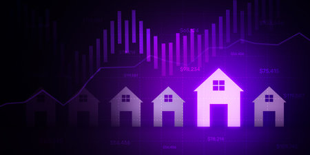 3d rendering of house icon over stock market chart background. Real estate and investment concept.の写真素材