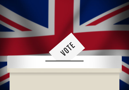 United Kingdom election concept. Ballot box with United Kingdom flag background.の写真素材