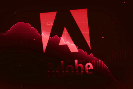 Adobe going in a loss or adobe stock price all time low concept with red alarming graph, editorial backgroundのeditorial素材