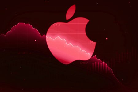 Apple Company going in a loss with red alarming graph and logo, editorial news tech.