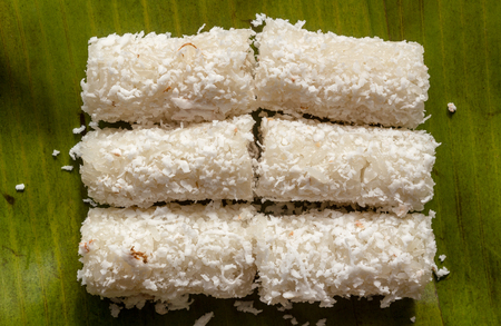 Sweet glutinous rice mixed with sugar and coconut as a snack in ancient of Songkhla.の写真素材