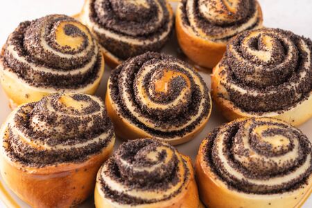Homemade buns with poppy seeds on a light background close-up. Selective focusの写真素材