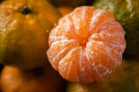 Fresh ripe mandarins background close up, macro, selective focusの写真素材