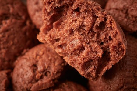 Half a chocolate cupcake on the background of others, selective focus, close up food backgroundの写真素材