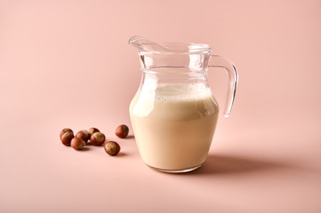 Hazelnut milk in jug and nuts on pink powder background. Close up, selective focusの写真素材