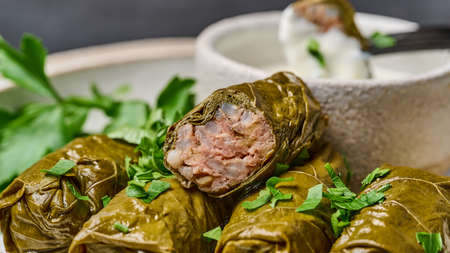 Piece of dolma, on the cut minced meat and rice. Selective focus, macroの写真素材