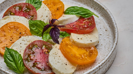 Macro caprese salad with red and yellow tomatoes, fresh basil and mozzarella cheese in ceramic plate, selective focusの写真素材