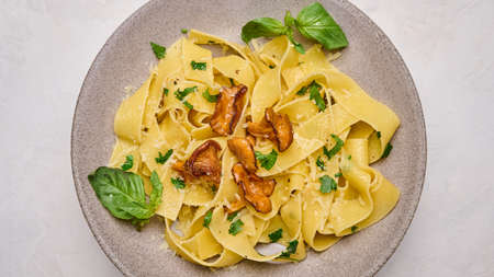 Panoramic view pasta pappardelle with mushrooms chanterelles, cheese and parsley on plate , top view. Close upの写真素材