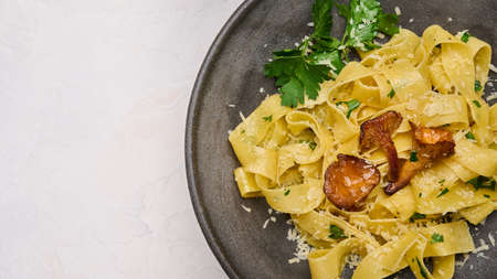 Panoramic view Italian pasta pappardelle with mushrooms chanterelles, cheese and parsley on dark plate, top viewの写真素材