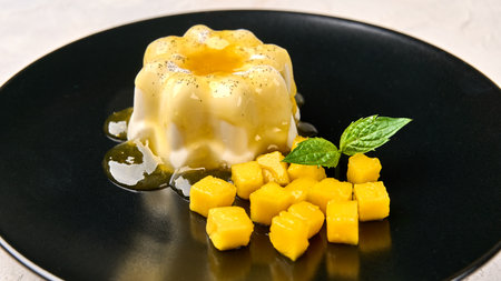 Close up panna cotta homemade with natural vanilla pod, mango syrup and mint, panoramic viewの写真素材