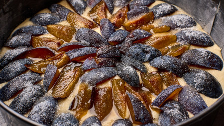 Macro caramelized in sugar syrup pieces of plums in round baking dish on wooden table, panoramic...