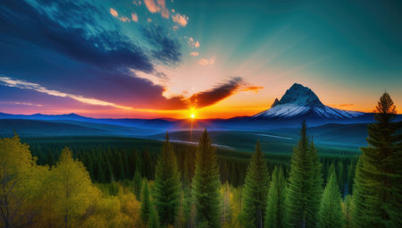 Stunning view of the landscape of sunset golden hour the mountains and forest. Generative AI technologyの素材