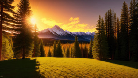Stunning view of the landscape of sunset golden hour the mountains and forest. Generative AI technologyの素材