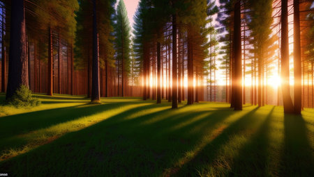 Art perfect view of the landscape of sunset golden hour the mountains and forest with trees and glade. Generative AI technologyの素材