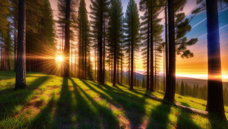 Art perfect view of the landscape of sunset golden hour the mountains and forest with trees with shadows and glade. Generative AI technologyの素材