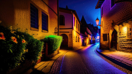 Night empty old historical street with glowing neon lights from the pavement of paving stones in small magical village. Generative AIの素材