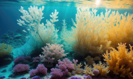 Beautiful underwater view with tropical colorful coral reefs, sun rays. Generative AIの素材