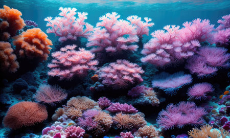 Beautiful underwater view with tropical colorful coral reefs, sun rays. Generative AIの素材