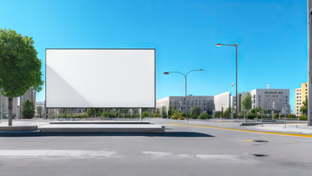 Blank empty white banner or billboard for advertisement mounted on city street on sunny day. Generative AIの素材