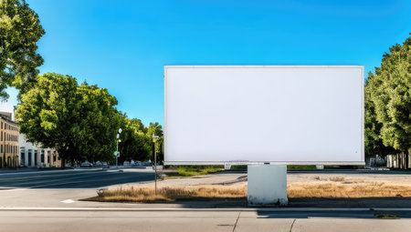 Blank empty white banner or billboard for advertisement mounted on city street on sunny day. Generative AIの素材