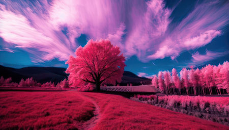 Beautiful pink infrared landscape panorama with a blue cloudy sky. Generative AIの素材