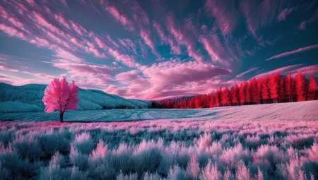 Beautiful pink infrared landscape panorama with a cloudy sky. Generative AIの素材