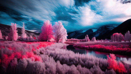 Beautiful pink infrared landscape panorama river and mountains with a cloudy sky. Generative AIの素材