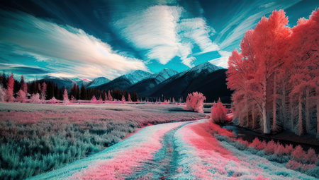 Beautiful pink infrared landscape panorama with a cloudy sky. Generative AIの素材