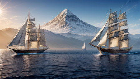 Sailboat against the background of the sun and blue sky with clouds. digital art. Generative AIの素材