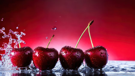 Cherries in water splash on a red background. Generative AIの素材