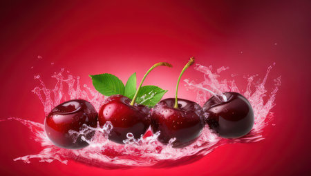 Cherries in water splash on a red background. Generative AIの素材