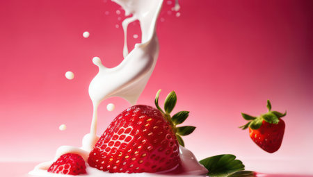Strawberry falling into a milk and splashing. Generative AIの素材