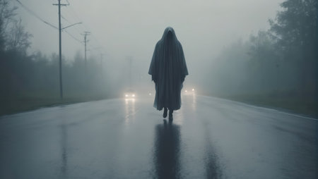 Lonely mystery ghost man on empty wet road in a dense fog. Generative AIの素材