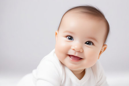 Beautiful sweetheart happy cute smiling baby on light background. Generative AIの素材