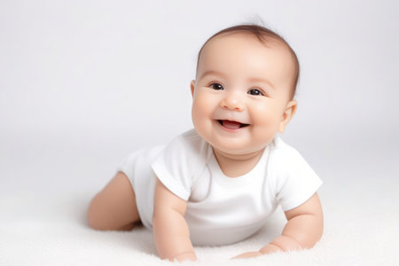 Beautiful sweetheart happy cute smiling baby on light background. Generative AIの素材