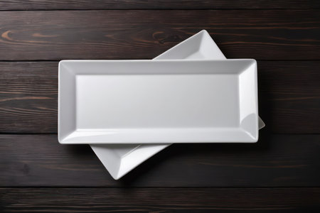 Empty white rectangular plates on brown rustic wooden background, flat lay. Generative AIの素材