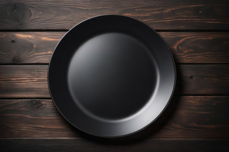 Empty black plate on brown rustic wooden background, flat lay. Generative AIの素材