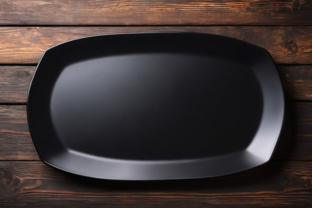 Empty black rectangular plate on brown rustic wooden background, flat lay. Generative AIの素材