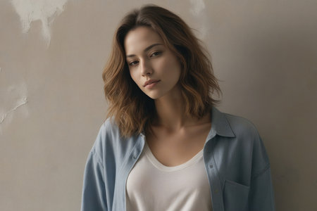 Young pretty woman in white blouse stands and poses near an old shabby wall. Cinematic view. Generative AIの素材