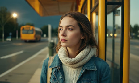 Young woman is standing at the city bus stopの素材
